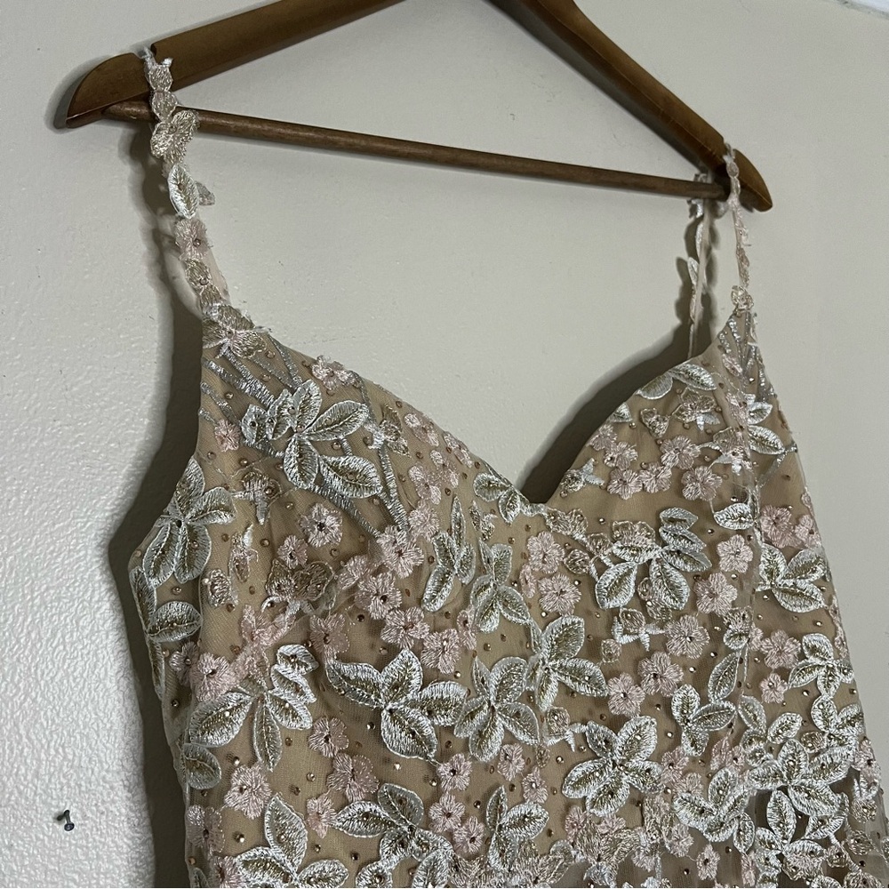 Mac Duggal Cream Floral Lace 12 Beige Embroidered Tulle Trumpet Gown Nude - Picture 7 of 13